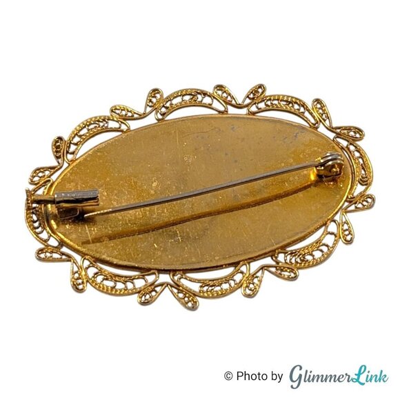 Vintage Oval Damascene Filigree Floral Bird Trombone Clasp Gold Tone Brooch - Picture 6 of 7
